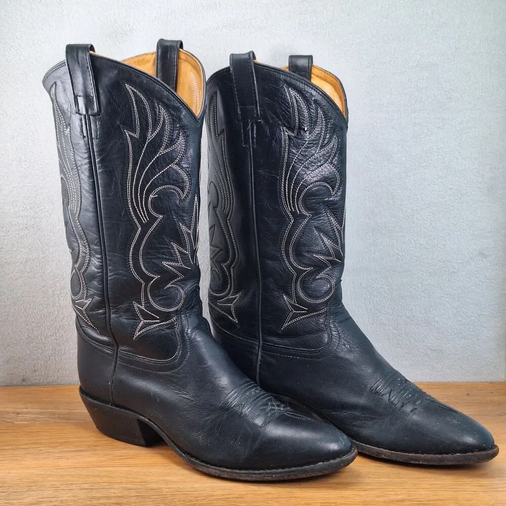 Jama Old West Men's 10D Slip-On Cowboy Boots Black Leather Embroidered Vintage